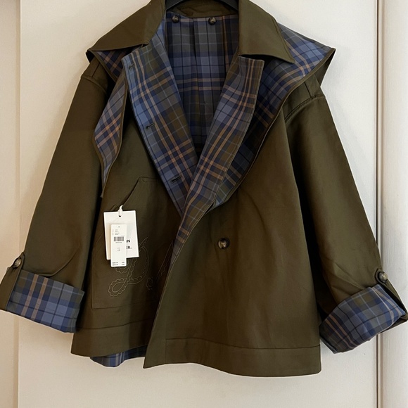 Olive Trench Coat with Blue Plaid Accent - Picture 5 of 6
